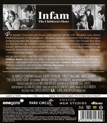 Texte: "Infam - The Children's Hour", Beschreibung eines Dramas mit Audrey Hepburn, Regie von William Wyler. Schwarz-Weiß-Fotografien, Logos von OneGate, Park Circus, Amazon MGM Studios. Laufzeit: 108 Min, Sprachen: Deutsch, Englisch.