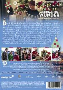 "CHARLIES WEIHNACHTSWUNDER: A WORLD RECORD CHRISTMAS. Der 12-jährige Charlie, der im Autismus-Spektrum ist..." Auf dem Cover ist ein Junge in einem festlichen Raum mit Weihnachtsbaum zu sehen, der Jenga-Steine stapelt. Unten sind mehrere Filmszenen.