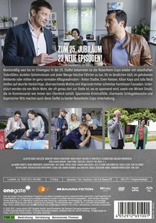 "Zum 25. Jubiläum 23 neue Episoden! - Mords­mäßig was los im Chiemgau! In der 25. Staffel bekommen es die Rosenheim-Cops..."

Oben links: Zwei Männer im Gespräch, einer mit dunkler Lederjacke. Unten: Szenen aus der Serie, verschiedenes Personal. FSK 12.