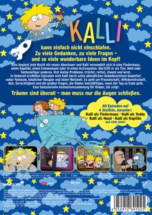 **KALLI**  
kann einfach nicht einschlafen.  
Zu viele Gedanken, zu viele Fragen –  
und so viele wunderbare Ideen im Kopf!  

Illustration: Kind mit Brille, bunte Schrift, Wolken, Sterne, zwei Cartoon-Figuren.