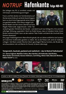"NOTRUF Hafenkante Folge 469-481. Die Kollegen des PK 21 ermitteln wieder. Temporeich, hautnah, packend und realistisch – das ist Notruf Hafenkante!" 

Oben links roter Text, darunter weiße Inhaltsbeschreibung. Unten Filmfotos und Darstellerliste. Rechts unten DVD-Infos.