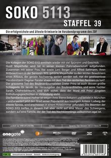 "SOKO 5113 Staffel 39" in Großbuchstaben. Oben Bilder von Charakteren. Beschreibung des Krimi-Inhalts darunter.
