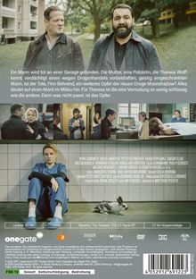 Text erklärt einen Mordfall um eine neue Droge, genannt Moonshadow. Oben sehen zwei Figuren ernst aus, unten sind vier Szenen.