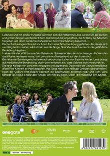 Ein Text beschreibt die Herausforderungen und Geschichten rund um die Hebamme Lena Lorenz und werdende Eltern. Oben sind mehrere Bilder von Szenen mit Menschen. Unten ist ein Paar im Vordergrund, im Hintergrund sitzen Leute an einem Tisch im Freien.