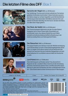 "Die letzten Filme des DFF Box 1." Beschreibungen von vier Filmen: "Sprache der Vögel", "Der Rest, der bleibt", "Der Besucher", "Lord Hansi".