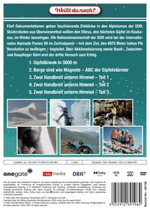 Texte: "Weißt du noch?" Dokumentationen zu Alpinismus der DDR. Fünf Titel, darunter "Gipfelbiwak in 5600 m". Fotos von Bergsteiger-Szenen.