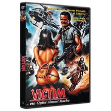 "Victim ...ein Opfer nimmt Rache" und Namen mehrerer Schauspieler. Illustration mit Action-Szenen: Hubschrauber, Mann, Frau gefesselt.