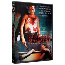 Ein mit Blut bedeckter Mann steht, hält ein Messer. Titel: "Chicago Massacre - 9 junge Frauen, 1 Überlebende."