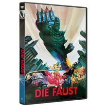 Text: "DIE FAUST". Illustration einer riesigen gepanzerten Faust über einer Stadt, umgeben von dramatischen Szenen und Personen.