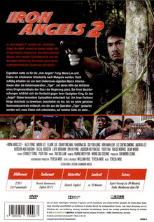 *Iron Angels 2* in roter Schrift. Mann zielt mit Waffe. Mehrere kleine Fotos darunter mit Actionszenen.