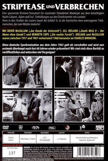 "STRIPTEASE UND VERBRECHEN" steht groß oben. Unten verschiedene Schwarz-Weiß-Fotos mit Menschen in Szenen. DVD-Infos sind enthalten.