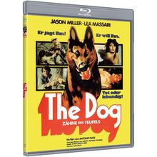 „The Dog: Zähne des Teufels“ in Rot auf Gelb. Oben „Jason Miller, Lea Massari“. Illustration eines Schäferhunds.