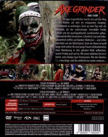 "Axe Grinder" oben groß, Beschreibung: Jugendliche im Wald, Horror, Serienkiller Freddy Palmer. Laufzeit 82 Minuten, Sprachen Englisch.