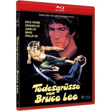"Todesgrüße von Bruce Lee" steht auf einer Blu-ray-Hülle. Eine Illustration zeigt zwei kämpfende Männer in dynamischer Pose.
