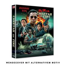 Eine Blu-ray-Hülle zeigt "CHEETAH ON FIRE" mit Explosionen und bewaffneten Figuren. Unten steht "WENDECOVER MIT ALTERNATIVEM MOTIV".