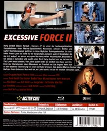 "Excessive Force II" und Cast-Informationen. Frau zielt mit Pistole, Collage aus Actionszenen. Blu-ray Informationen unten.