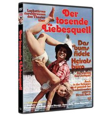 Text: "Der tosende Liebesquell", "Das bumsfidele Heiratsbüro", "Lachstürme durchbrausen das Theater". Ein Mann hebt eine Frau.
