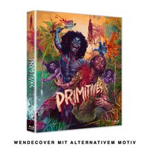 Text: "Primitives". Illustration: Dunkelhäutige Figur mit Afro, blutbeschmiert, hält eine Waffe hoch. Dschungelhintergrund.
