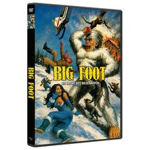 "BIG FOOT" und "DIE RACHE DES RIESENAFFEN" in gelber Schrift. Illustration: Schneelandschaft, Bigfoot, erschrockene Menschen.