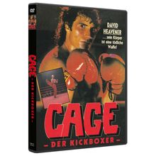 DVD-Hülle von "Cage - Der Kickboxer". Text: "David Heavener ...sein Körper ist eine tödliche Waffe!" Bild eines Boxers.