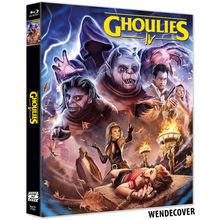 Cover der Blu-ray "Ghoulies IV". Fantasiewesen, eine Frau im Vordergrund, ein Mann mit Waffe, mystische Atmosphäre.