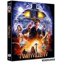Text: "Amityville IV", "Wendecover". Illustration eines gruseligen Hauses mit leuchtenden Fenstern, Priestern und angsterfüllten Gesichtern.