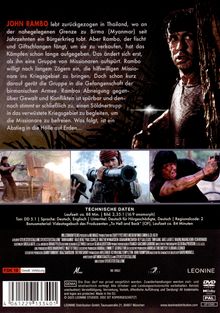 Text: "JOHN RAMBO lebt zurückgezogen in Thailand...". Technische Daten unten.  
Bild: Krieger mit Stirnband, Waffe, Szenen von Kämpfen.