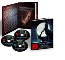 "Besetzung: Kate Beckinsale" auf Buchseite. "Underworld" Mediabook mit 3 Discs. Cover: Person vor Vollmond. FSK 18.