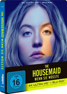 "The Housemaid Wenn sie wüsste", FSK ab 16, 4K ULTRA HD + BLU-RAY. Gesicht einer jungen Frau in Blau- und Beigetönen.