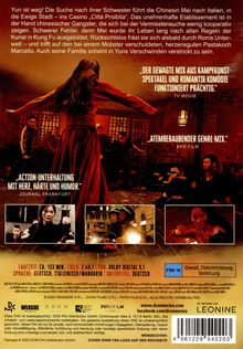 Texte: "Yun ist weg!", "Der gewagte Mix...", "'Action-Unterhaltung...'", "Atemberaubender Genre-Mix." Frau in rotem Kleid, kämpferische Szenen.