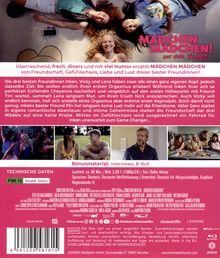 "Überraschend, frech, divers und mit viel Humor erzählt MÄDCHEN MÄDCHEN von Freundschaft, Gefühlschaos, Liebe und Lust dreier Freundinnen!"  
Drei lachende Frauen liegen auf dem Boden. Darunter farbenfrohe Bilder und Infos zum Film.