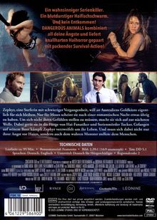 Text: "Ein wahnsinniger Serienkiller. Ein blutdurstiger Haifischschwarm..." Unten drei Fotos von Schauspielern. Details zu Film, Format und Sprachen. FSK 16-Symbol.