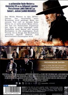 Ein actionreicher Rache-Western mit Pierce Brosnan und Samuel L. Jackson. Szenen zeigen Cowboys, Pferde und Westernkleidung.