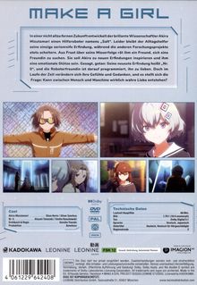 "MAKE A GIRL" oben, darunter ein Text über Roboter und Liebe. Bilder mit Figuren in verschiedenen Szenen. Unten technische Details.
