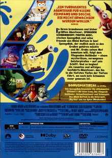 Text-Zitat: "Ein turbulentes Abenteuer für kleine Filmfans und solche, die nicht erwachsen werden wollen." Illustrationen von Spongebob-Figuren in Piratenkostümen, gelber Hintergrund, blauer Text.