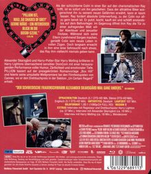 Oben: "Pillion ist, was '50 Shades of Grey' gerne wäre – ein intensiver Blick in die BDSM-Szene." 
Text beschreibt einen Film mit Alexander Skarsgård über Colin, der Ray trifft und in eine aufregende Welt eintaucht. Darunter Bilder von Szenen.