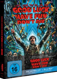 "GOOD LUCK HAVE FUN DON'T DIE" in roter Schrift, umgeben von futuristischen Figuren und Maschinen in lebhaften Farben.