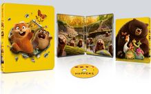 Text: Disney Pixar, Hoppers. 

Gelbes DVD-Set mit fröhlichen, animierten Tieren, darunter Murmeltiere und Bär.