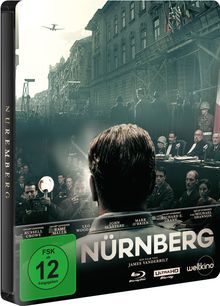 Text: "NÜRNBERG", "FSK ab 12 freigegeben", "Russell Crowe", "Rami Malek". Im Hintergrund ein Gerichtsraum, vorne ein Mann.