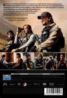 Ein Text beschreibt die spannende Handlung um Kayce Dutton, einen Ex-Navy SEAL. Darunter sind Szenen mit bewaffneten Personen.