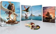 "Vaiana". Zwei DVDs und Hülle mit Ozean-Motiv. Charaktere auf Boot und an Land, farbenfrohe Natur und Tiere.
