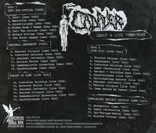 Titel: "CADAVER DEMOS & LIVE 1988-1991". Disc 1: INTO THE OUTSIDE (1988). Disc 2: LIVE OSLO (LIVE 1990). Logo darunter.