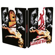 "Cannibal Man" steht rot auf schwarzem Hintergrund. Dramatische Illustrationen mit Gesichtern und einer liegenden Frau.