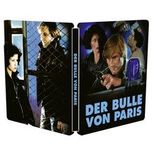 "DER BULLE VON PARIS" in blauer Schrift. Illustration: Zwei Figuren mit Waffen, und ein Polizeilicht im Vordergrund.