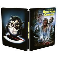 "Nightmare Concert". Links: Dunkles Tier mit blutigem Gesicht. Rechts: Porträts von Menschen, teils blutig, und ein blutender Körper.