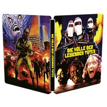 Text: "DIE HÖLLE DER LEBENDEN TOTEN". Eine gruselige Illustration mit bewaffneten Figuren in weißen Kapuzen und schreienden Gesichtern.
