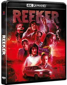 "Reeker" in großen Buchstaben oben, darunter verschiedene Personen in einem roten, bedrohlichen Setting, Neon-Motelzeichen.