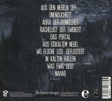 Texte: "Aus den Nebeln der... Unendlichkeit, Aura der Dunkelheit, Rachelust der Ewigkeit, Das Portal, aus eiskaltem Nebel, wo Flüche leis geflüstert, in kalten Hallen, was ewig liegt, Nahab." Eine düstere Landschaft mit bedrohlichem Himmel. Logos und Strichcode am unteren Rand.