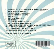 Liste von 13 Liedern und einem Bonus-Track; türkis-weißes Strahlenmuster im Hintergrund; "Rummelplatz Musik" Logo unten.