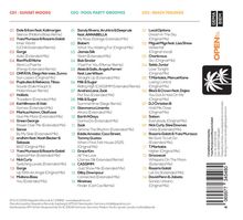 CD1 - Sunset Moods, CD2 - Pool Party Grooves, CD3 - Beach Feelings. Rechts ein Logo mit einer Palme, daneben "OPEN".